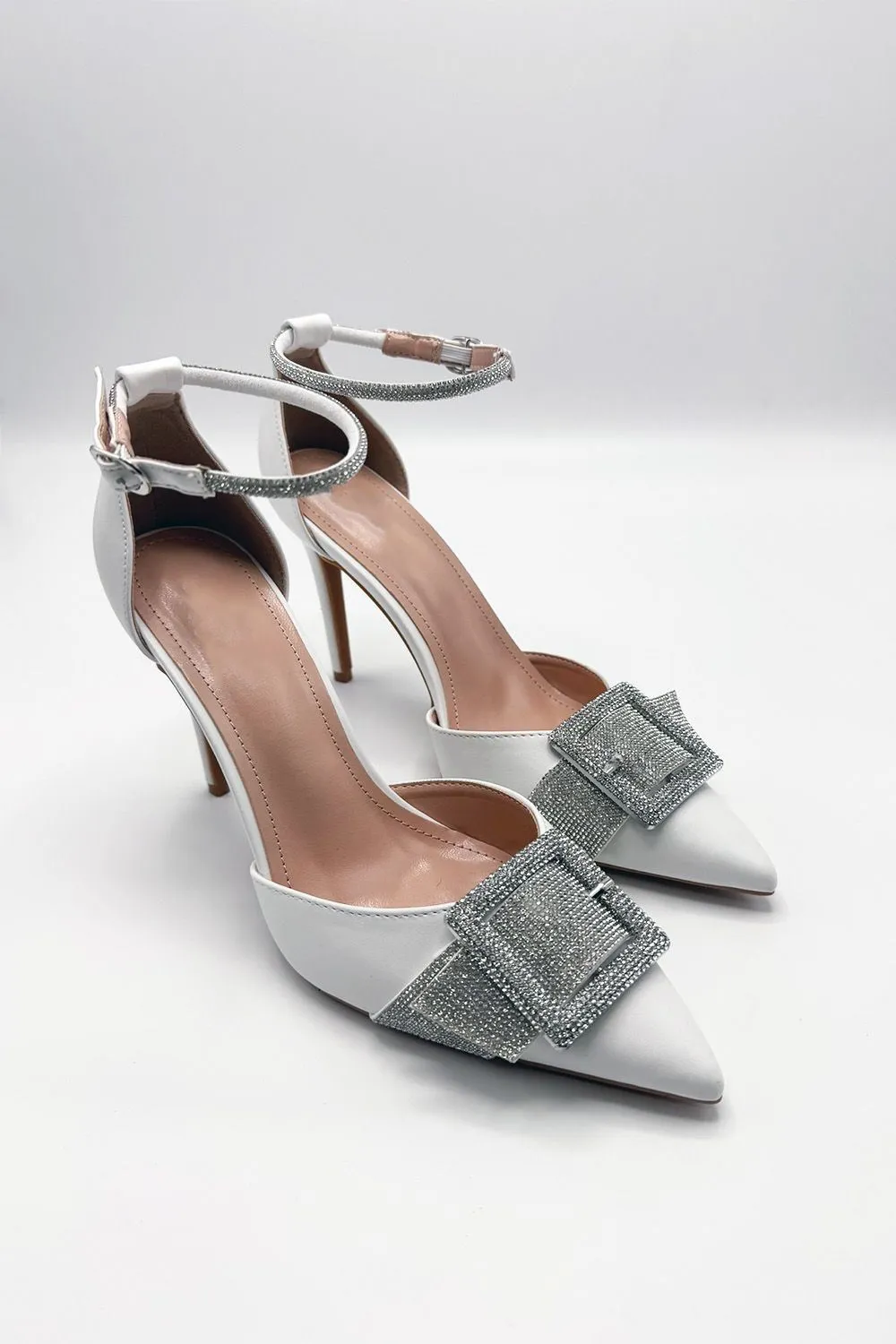 Michaela Diamante Clasp Detail Ankle Strap Court Shoes in White