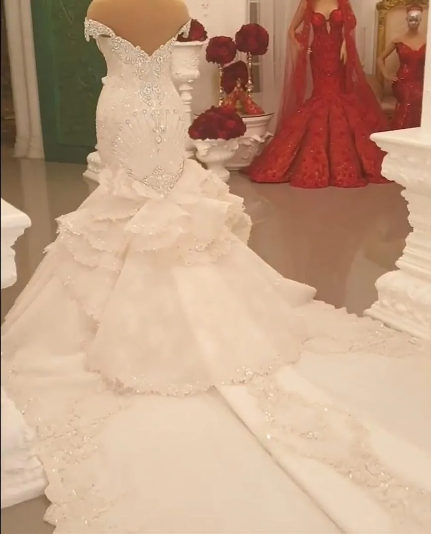 Off-the-Shoulder Floor-Length Backless Mermaid Wedding Dress with Crystal