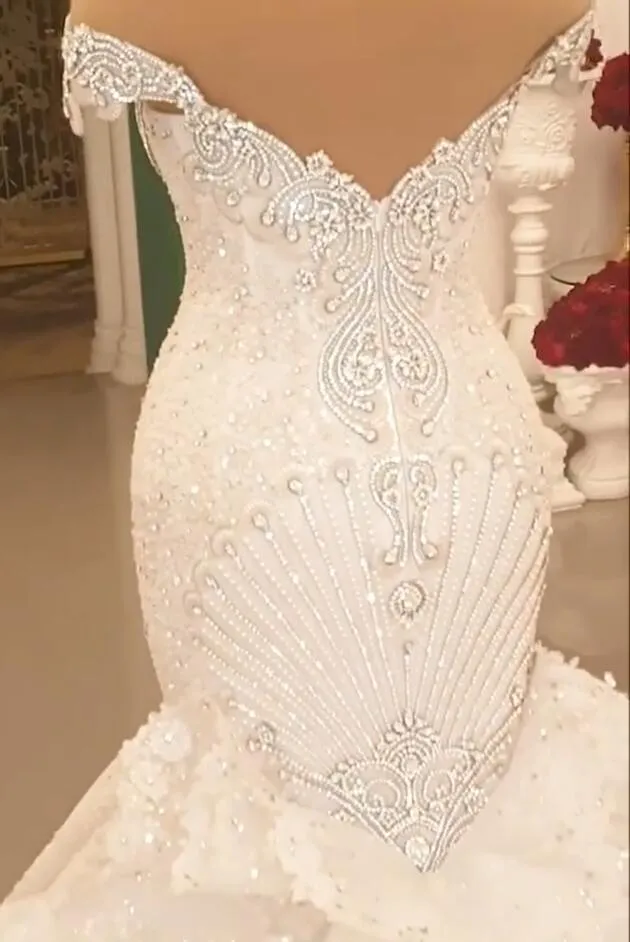 Off-the-Shoulder Floor-Length Backless Mermaid Wedding Dress with Crystal