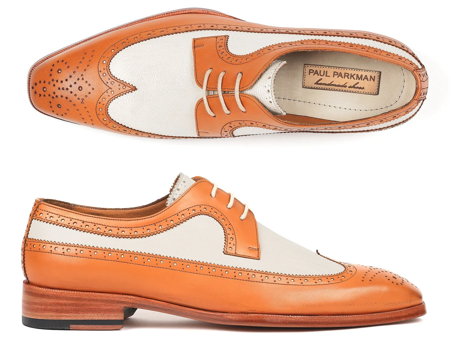 Paul Parkman Dual Tone Wingtip Derby Shoes in Cognac & Cream