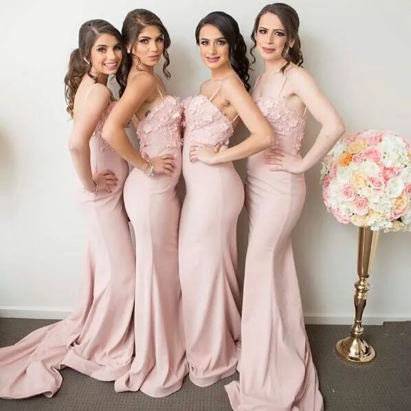 Pink Mermaid 3D-Floral-Appliques Spaghettis-Straps Bridesmaid Dresses
