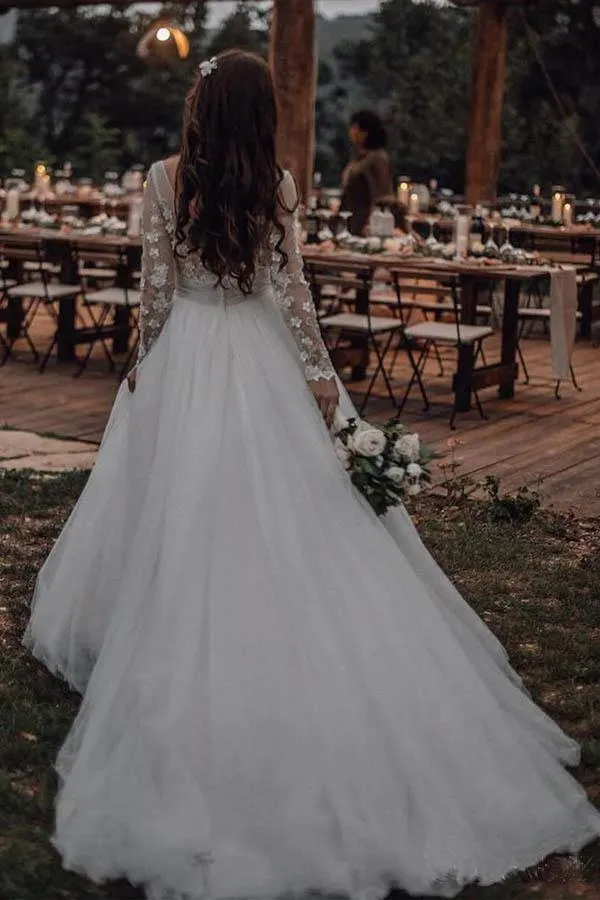 See Through Long Sleeve Rustic Wedding Dress With Lace Appliques