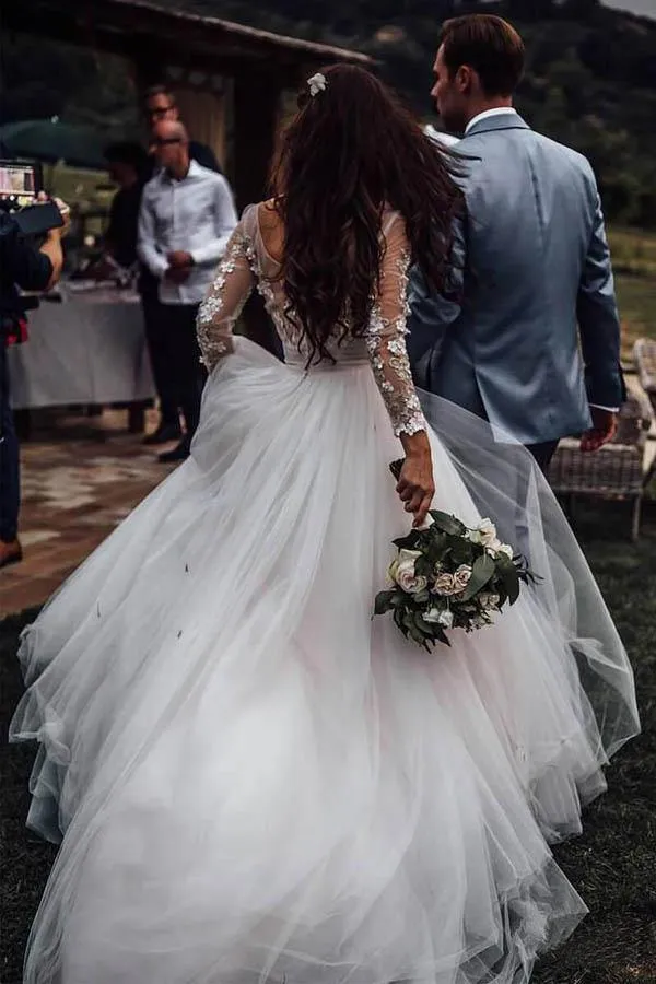 See Through Long Sleeve Rustic Wedding Dress With Lace Appliques
