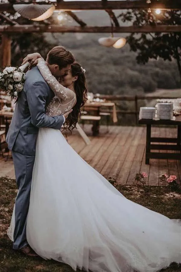 See Through Long Sleeve Rustic Wedding Dress With Lace Appliques