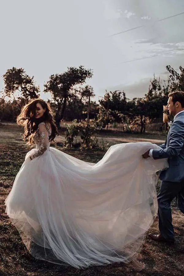 See Through Long Sleeve Rustic Wedding Dress With Lace Appliques