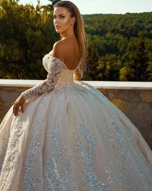 Sequins Lace Women Wedding Dress V-neck Off-Shoulder Long Sleeves Illusion Backless Bridal Ball Gown Bride Gowns Vestido De Novia Customed