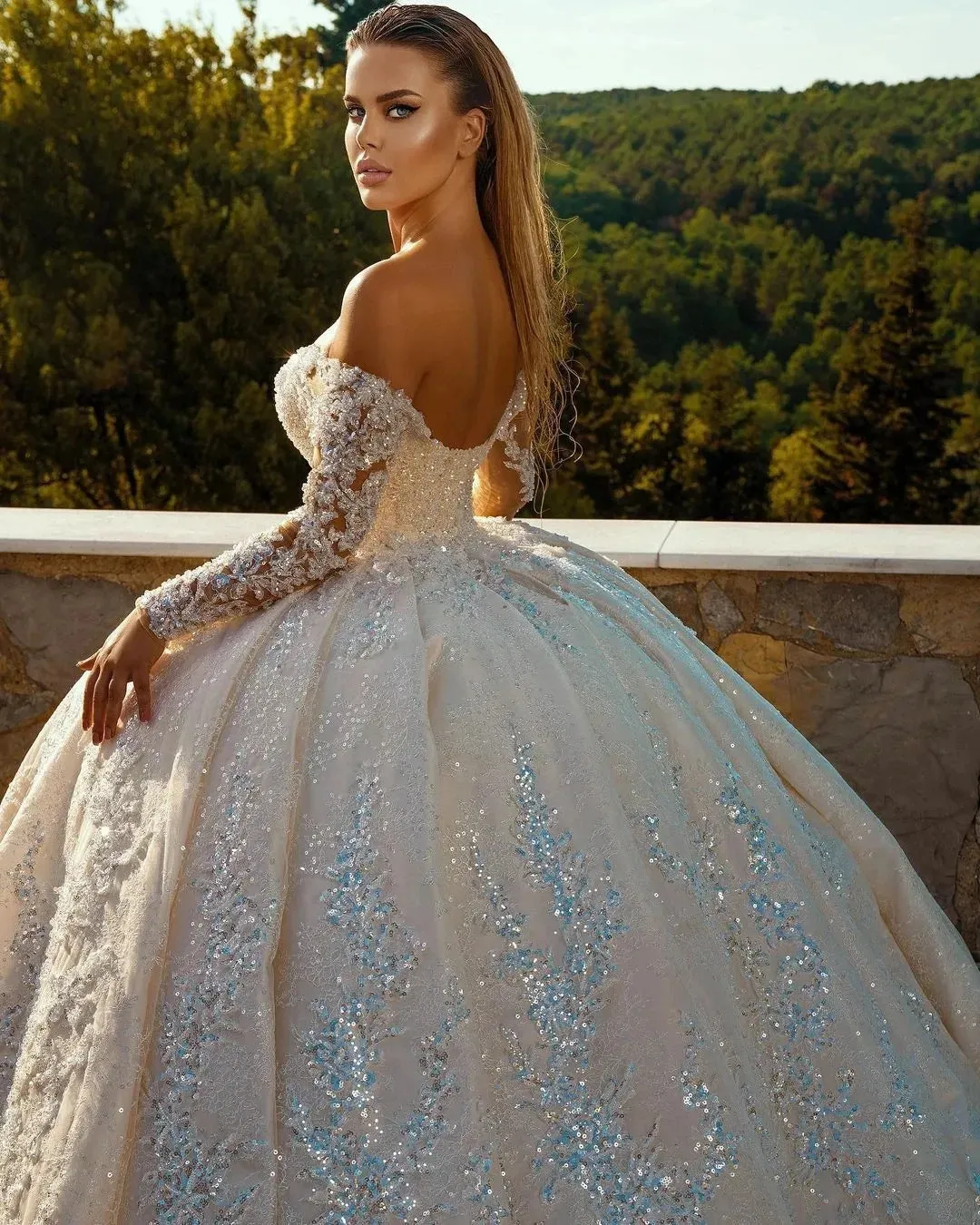 Sequins Lace Women Wedding Dress V-neck Off-Shoulder Long Sleeves Illusion Backless Bridal Ball Gown Bride Gowns Vestido De Novia Customed