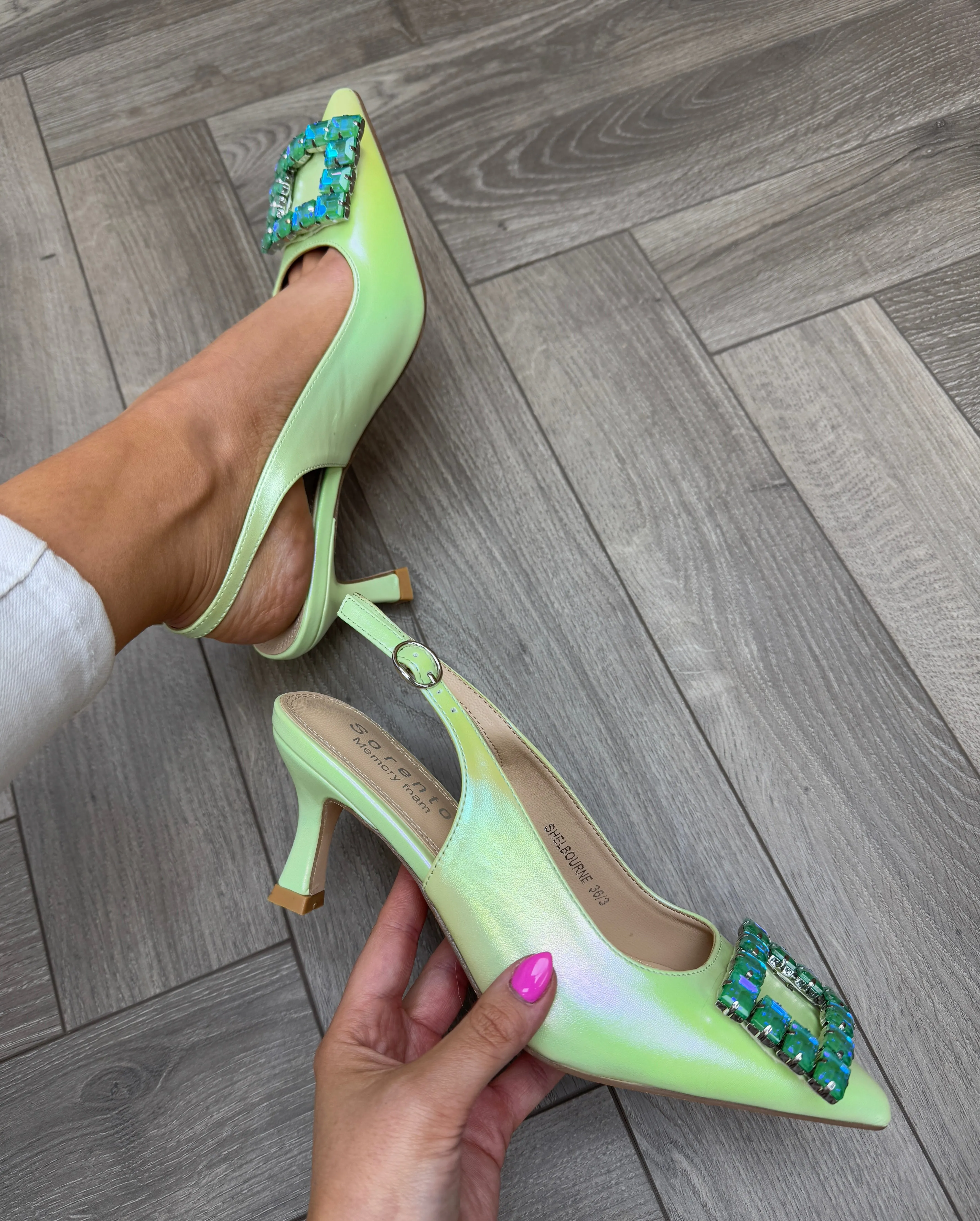 Sorento Shelboure Sling Back Shoe With Gem Brooch - Lime (S5)