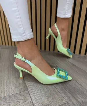 Sorento Shelboure Sling Back Shoe With Gem Brooch - Lime (S5)
