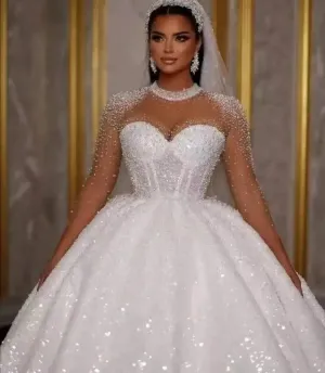 Sparkle African Wedding Dress  Luxury Ball Gown Glitter Beads Crystal Long Sleeves Sexy Dubai Bride Bridal Gown Custom Made Vestido De Novia