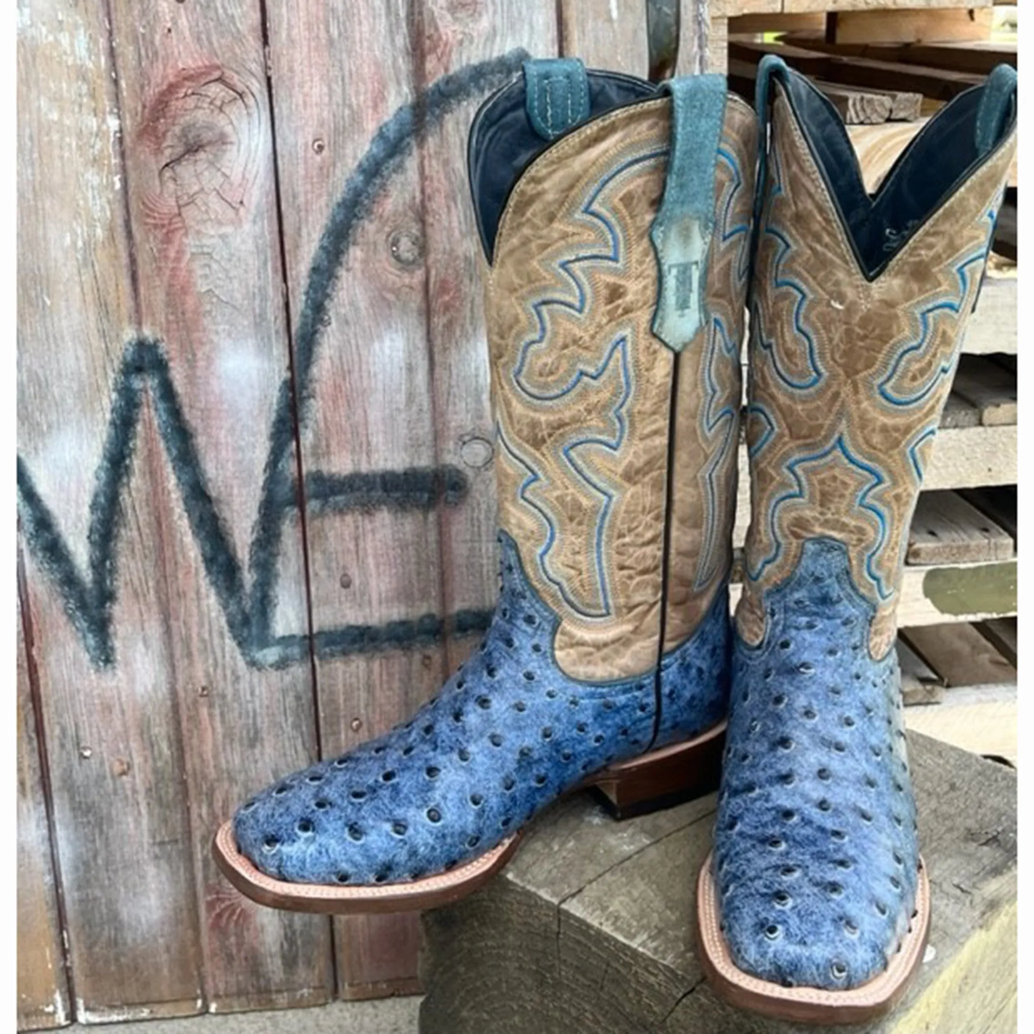 Tanner Mark Women's Blue Ostrich Square Toe Boots