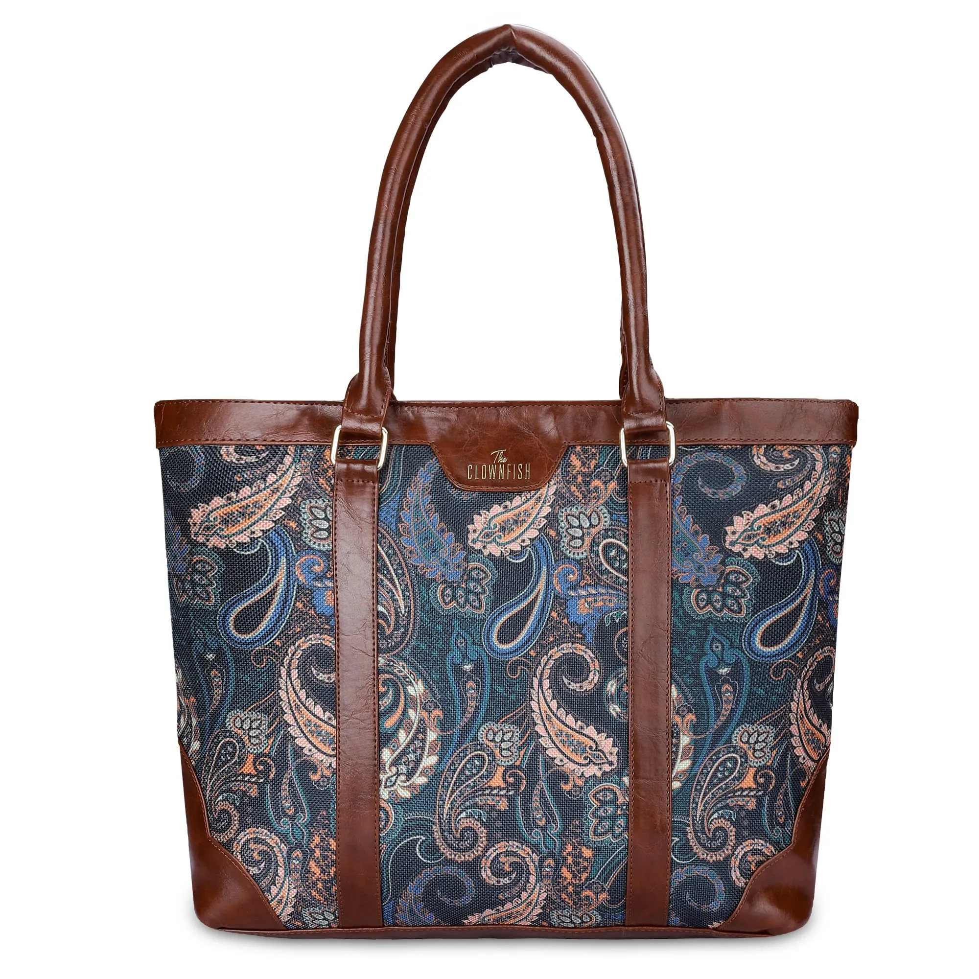 THE CLOWNFISH Miranda Series 15.6 inch Laptop Bag For Women Printed Handicraft Fabric & Faux Leather Office Bag Briefcase Hand Messenger bag Tote Shoulder Bag (Marine Blue)