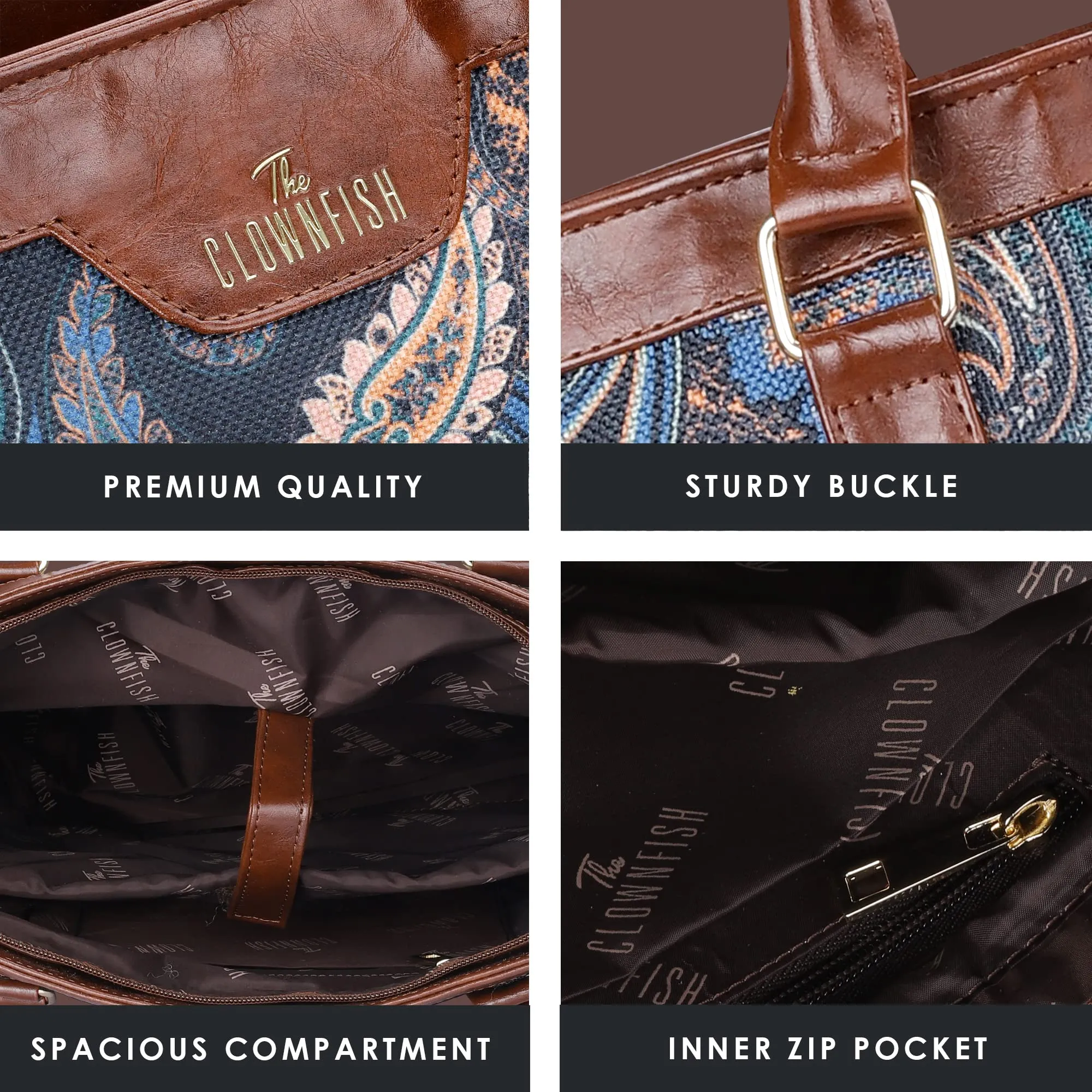 THE CLOWNFISH Miranda Series 15.6 inch Laptop Bag For Women Printed Handicraft Fabric & Faux Leather Office Bag Briefcase Hand Messenger bag Tote Shoulder Bag (Marine Blue)