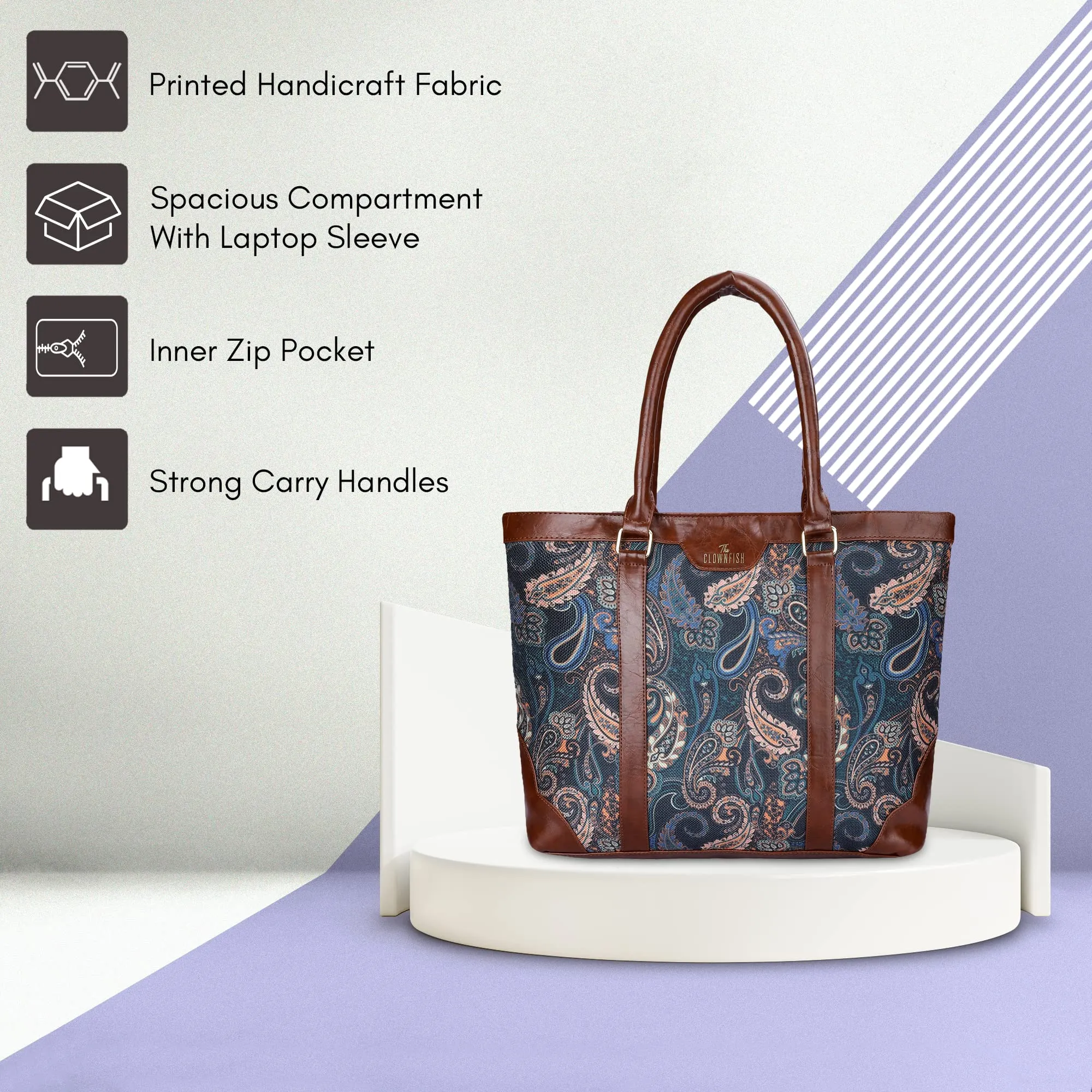 THE CLOWNFISH Miranda Series 15.6 inch Laptop Bag For Women Printed Handicraft Fabric & Faux Leather Office Bag Briefcase Hand Messenger bag Tote Shoulder Bag (Marine Blue)