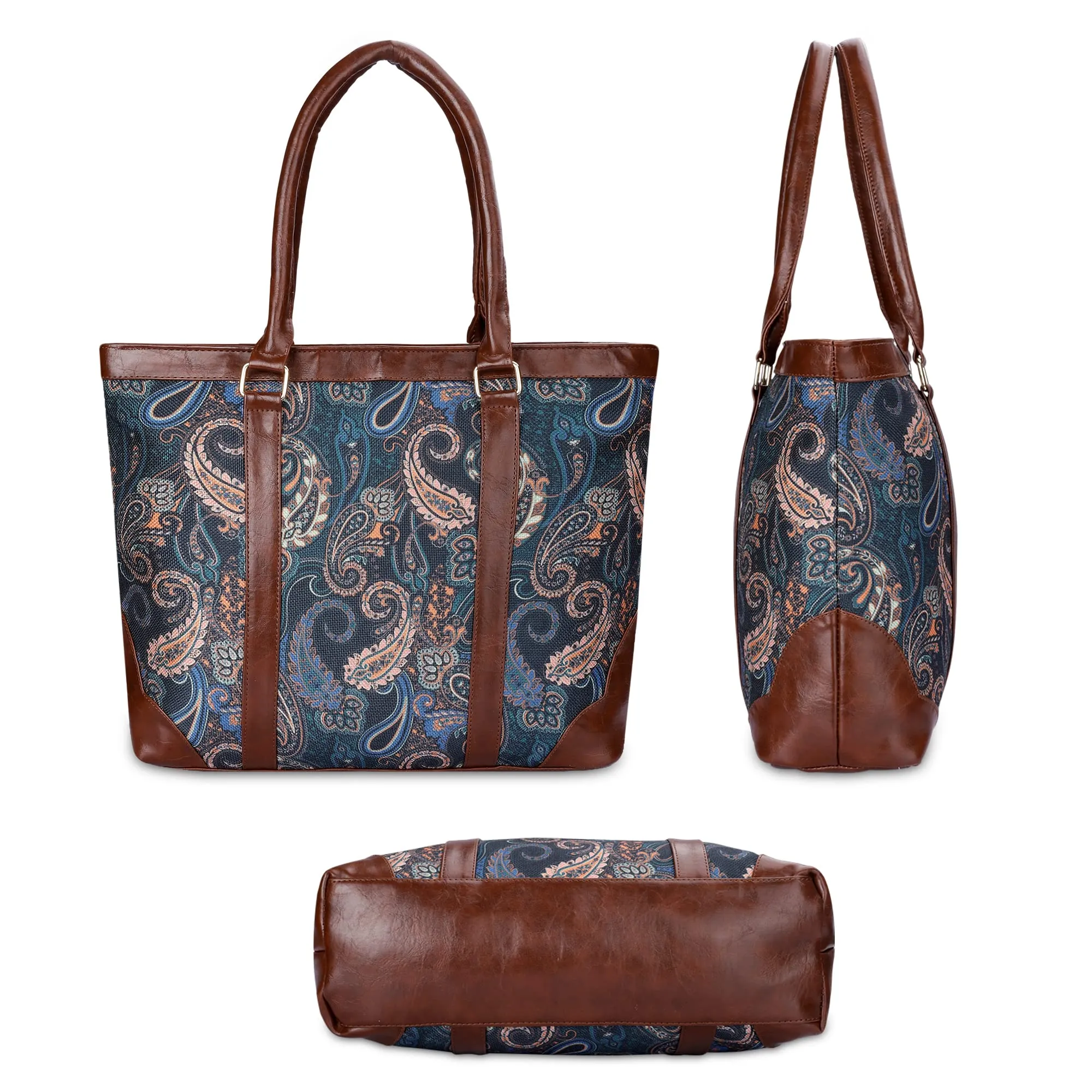 THE CLOWNFISH Miranda Series 15.6 inch Laptop Bag For Women Printed Handicraft Fabric & Faux Leather Office Bag Briefcase Hand Messenger bag Tote Shoulder Bag (Marine Blue)
