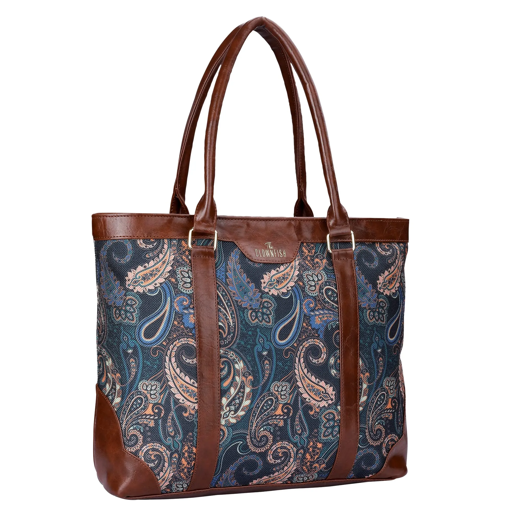 THE CLOWNFISH Miranda Series 15.6 inch Laptop Bag For Women Printed Handicraft Fabric & Faux Leather Office Bag Briefcase Hand Messenger bag Tote Shoulder Bag (Marine Blue)