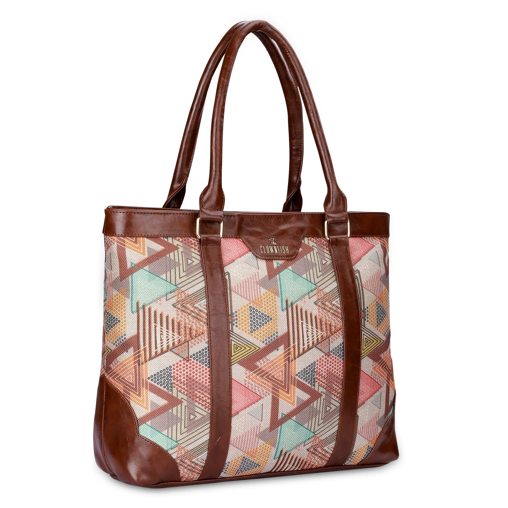 THE CLOWNFISH Miranda Series 15.6 inch Laptop Bag For Women Printed Handicraft Fabric & Faux Leather Office Bag Briefcase Hand Messenger bag Tote Shoulder Bag (Multicolour-Triangle)