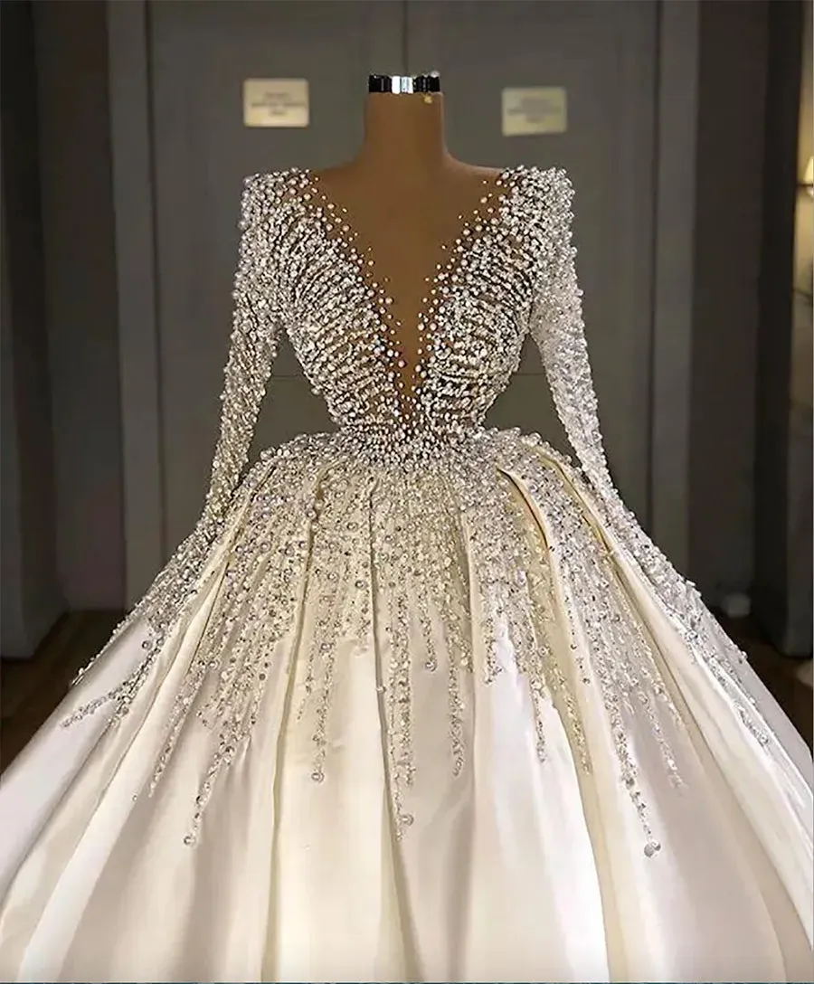 Turkish Beaded Crystal White Satin Wedding Dresses Dubai Arabic Long Sleeve Bridal Gowns Bride Dress Middle East