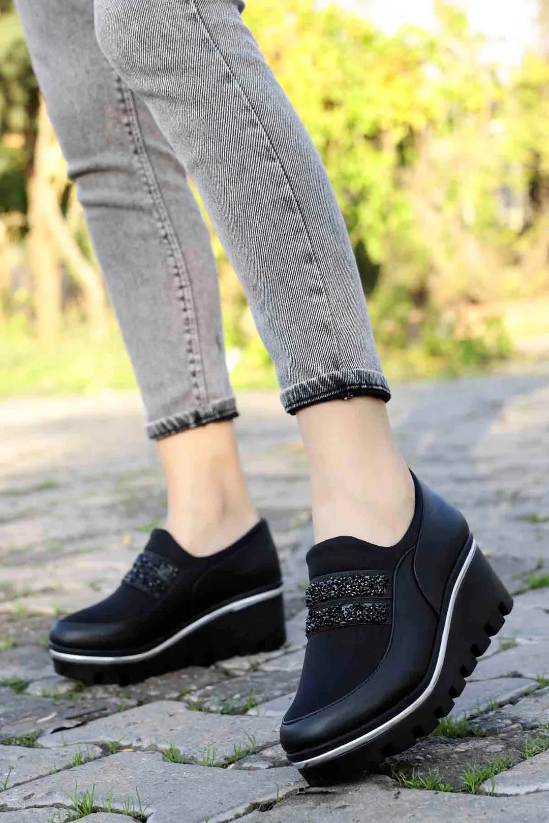 Women's Black Hidden Wedge Heel Sport Shoes