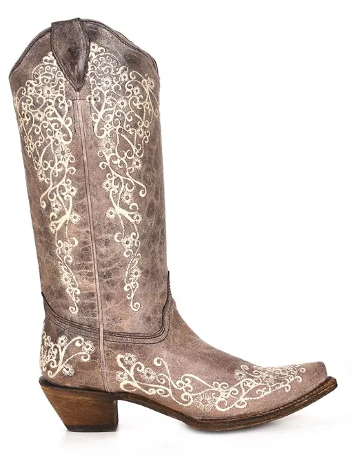 Women's Corral A1094 13" Brown Crater Bone Embroidery Snip Toe (SHOP IN-STORES TOO)
